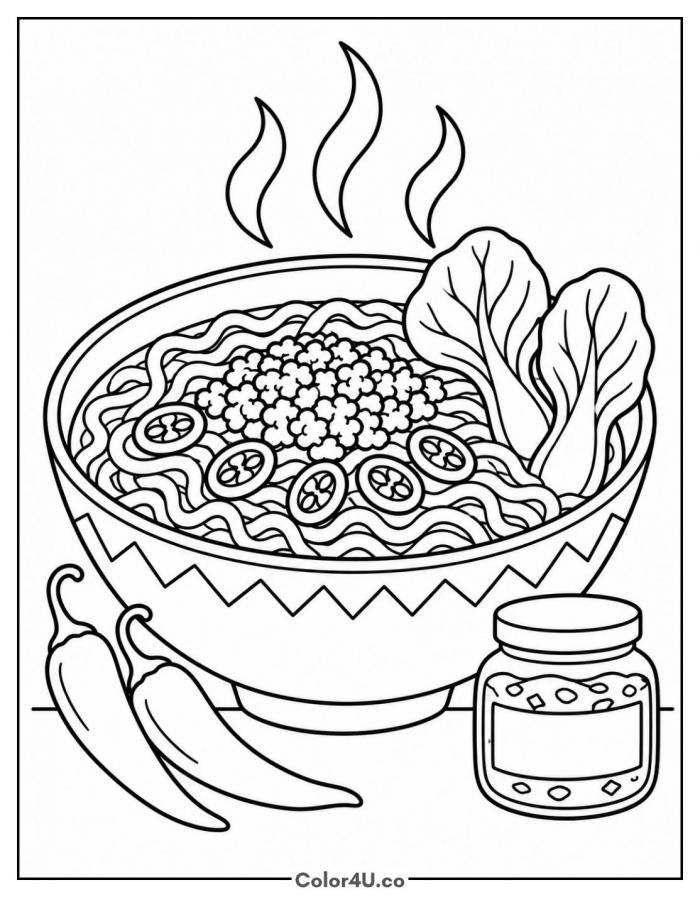 Spicy ramen with chili peppers, ramen coloring page