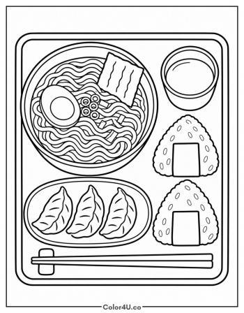 Japanese Meal with Ramen and Onigiri coloring page