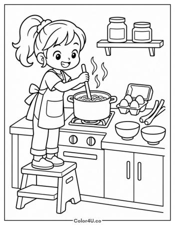 Kid Cooking Ramen in the Kitchen coloring page