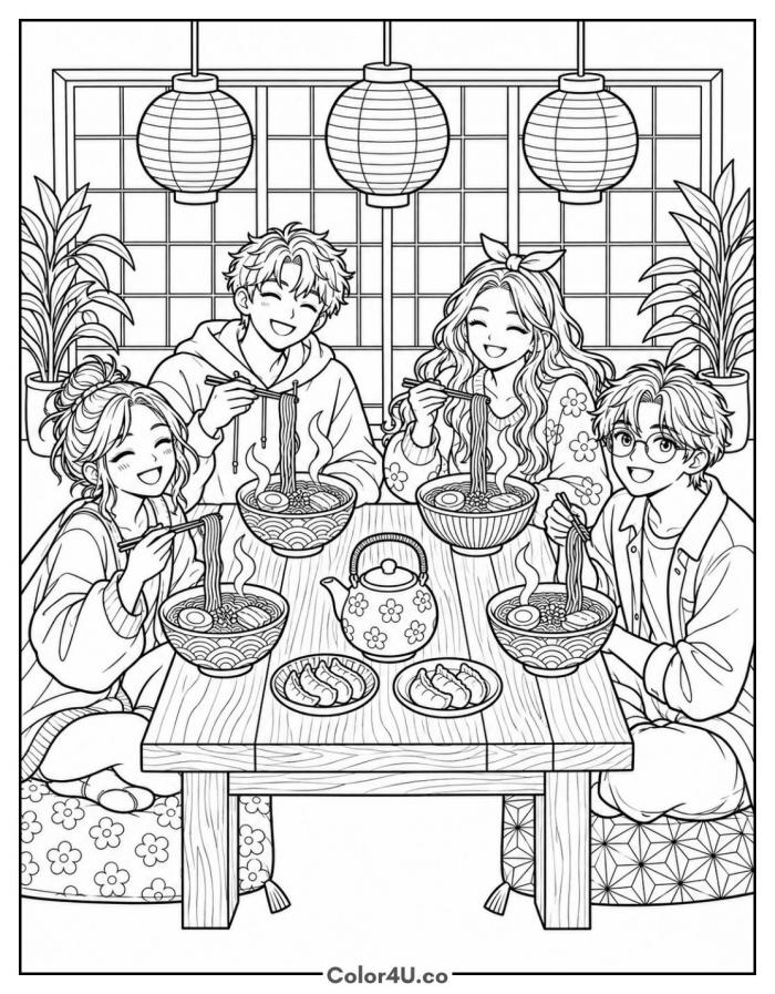 Friends sharing ramen at the table, detailed ramen coloring page