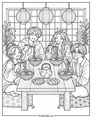 Friends Sharing Ramen at the Table coloring page
