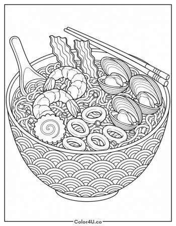 Seafood Ramen with Shrimp and Clams coloring page