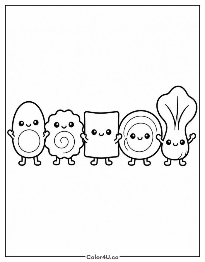 Kawaii ramen toppings with cute faces, easy ramen coloring page