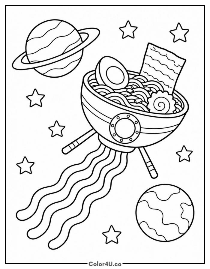 Ramen bowl rocket flying through space, ramen coloring page