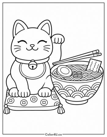 Lucky Cat with a Ramen Bowl coloring page