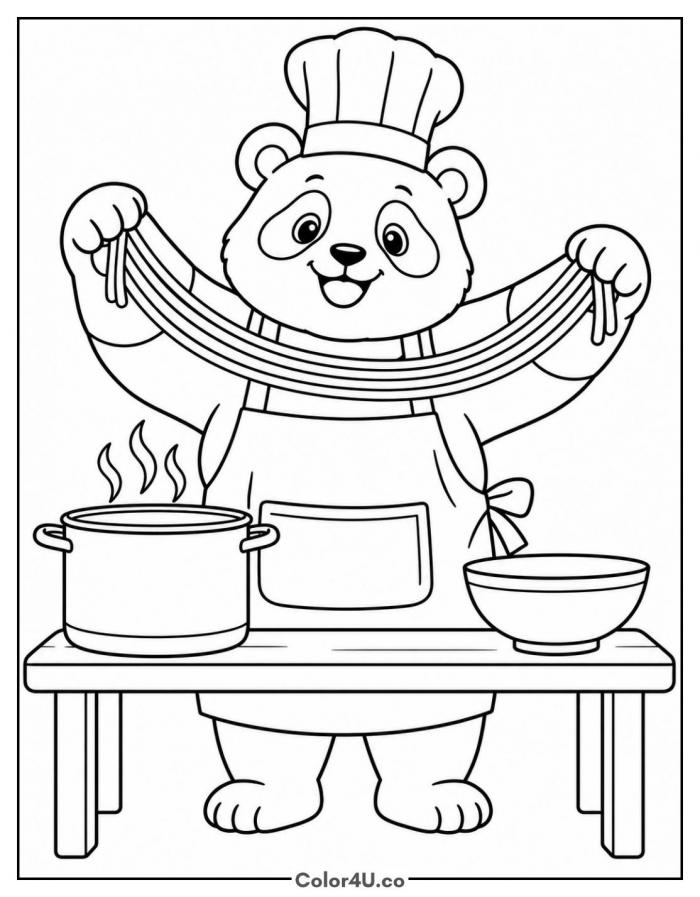 Panda chef making ramen noodles, ramen coloring page