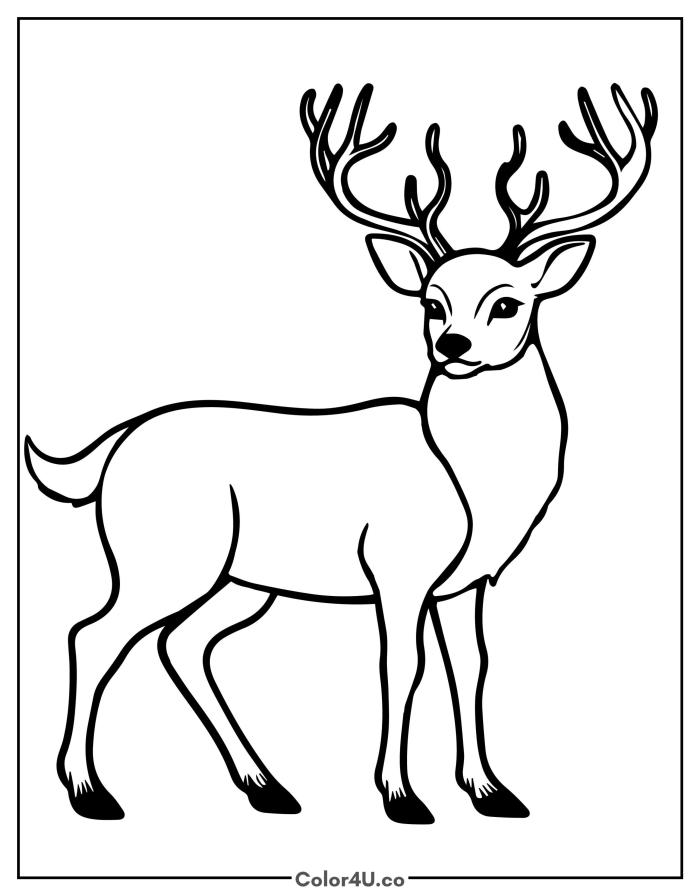 Proud deer standing with big antlers, easy Reindeer coloring page, free printable