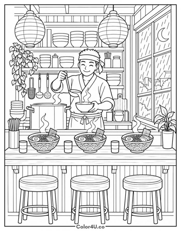 Rainy night ramen shop counter, detailed ramen coloring page