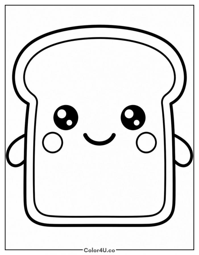 Smiling kawaii toast slice with rosy cheeks, easy toast coloring page, free printable