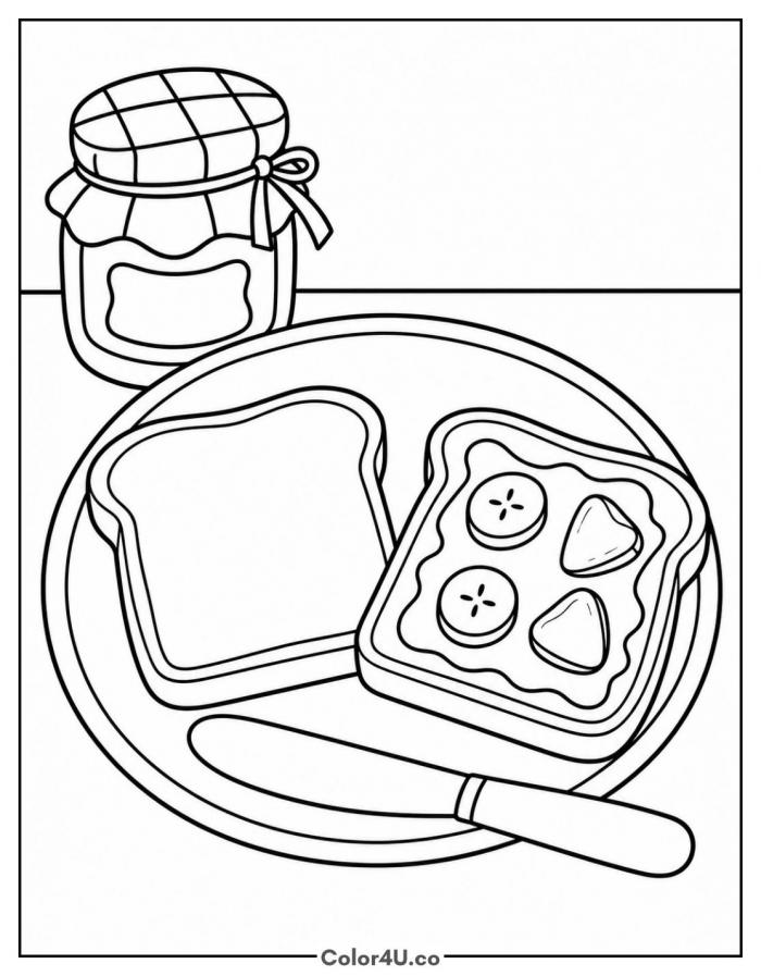 Jam toast with banana and strawberry slices and a butter knife, medium toast coloring page, free printable