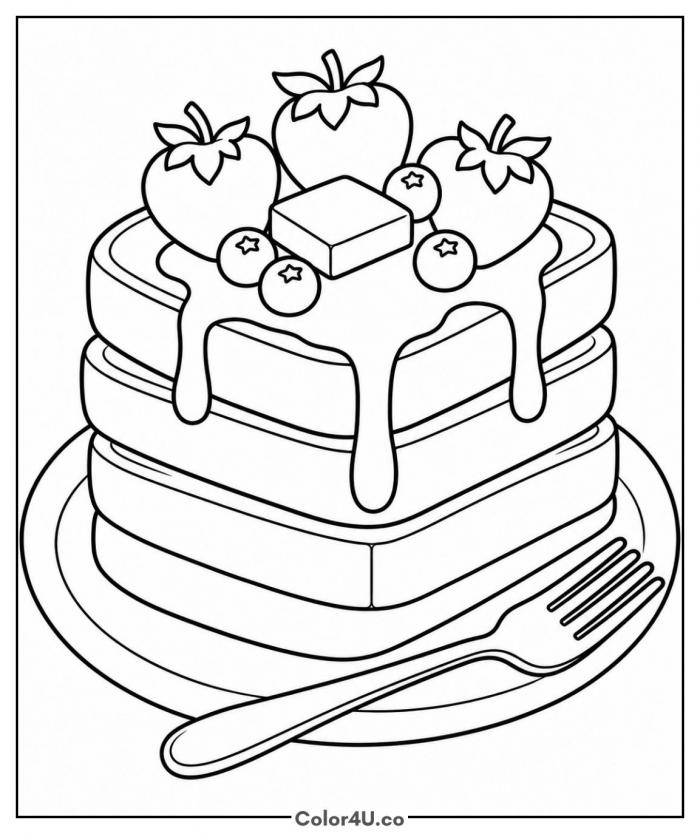 French toast stack with strawberries, blueberries, and syrup, medium toast coloring page, free printable