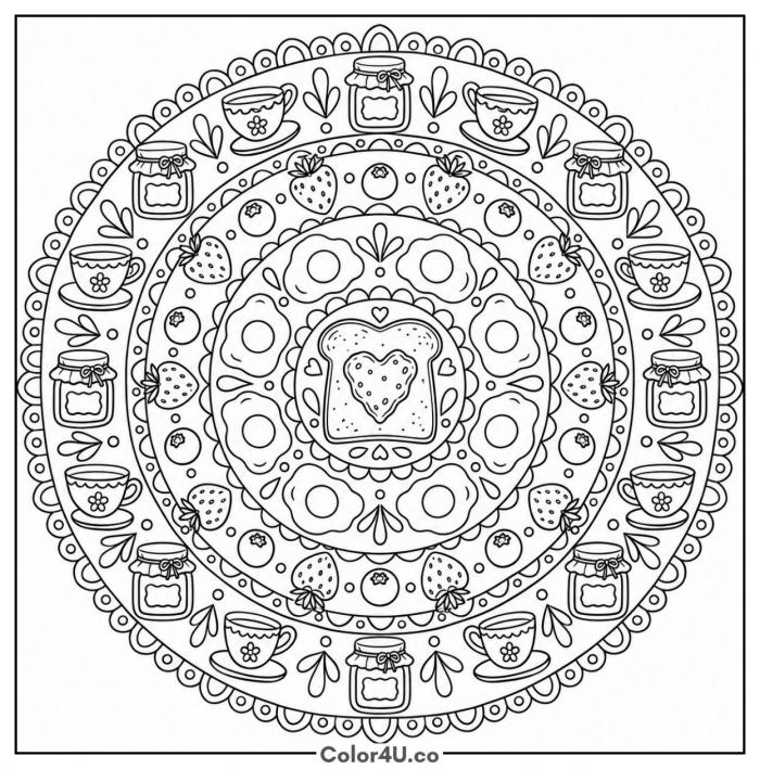 Breakfast mandala with a heart toast center, detailed toast coloring page, free printable