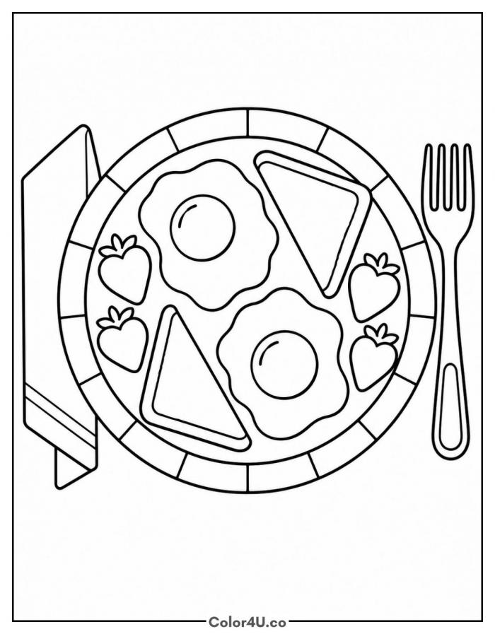 Plate of fried eggs, toast triangles, and strawberries, easy toast coloring page, free printable
