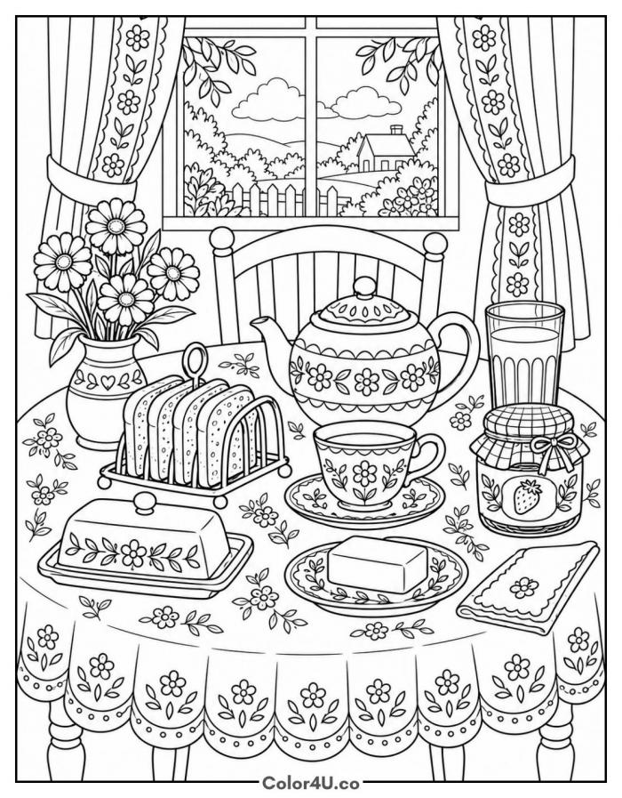 Breakfast table with toast rack, teapot, and jam by a window, detailed toast coloring page, free printable