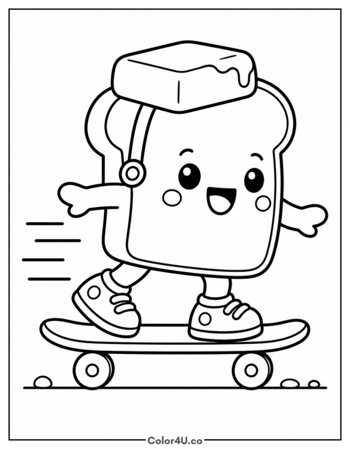 Happy toast character riding a skateboard, easy toast coloring page, free printable