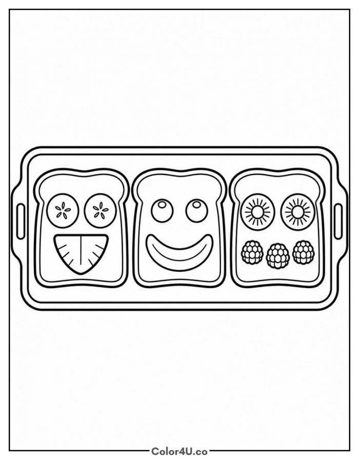 Three toast slices with fruit faces on a tray, easy toast coloring page, free printable