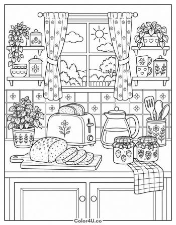 Sunny Kitchen Counter With a Toaster coloring page