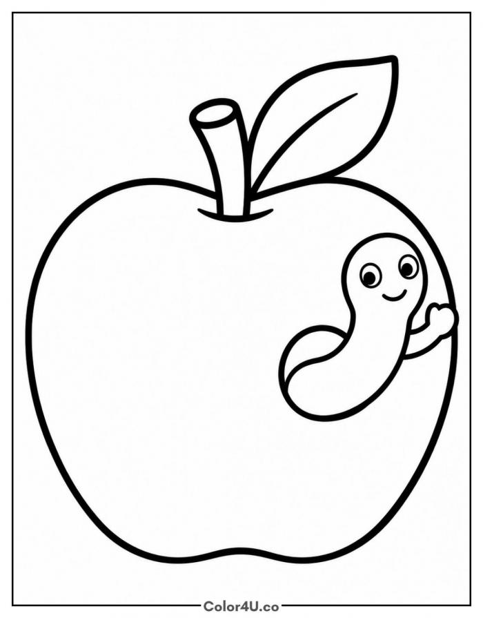 Happy worm peeking out of an apple and waving, easy apple coloring page, free printable