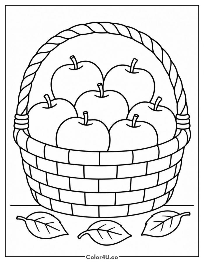 Woven basket full of apples with fallen leaves, medium apple coloring page, free printable