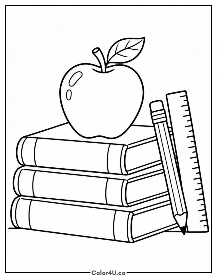 Teacher's apple on a stack of books with pencil and ruler, easy apple coloring page, free printable