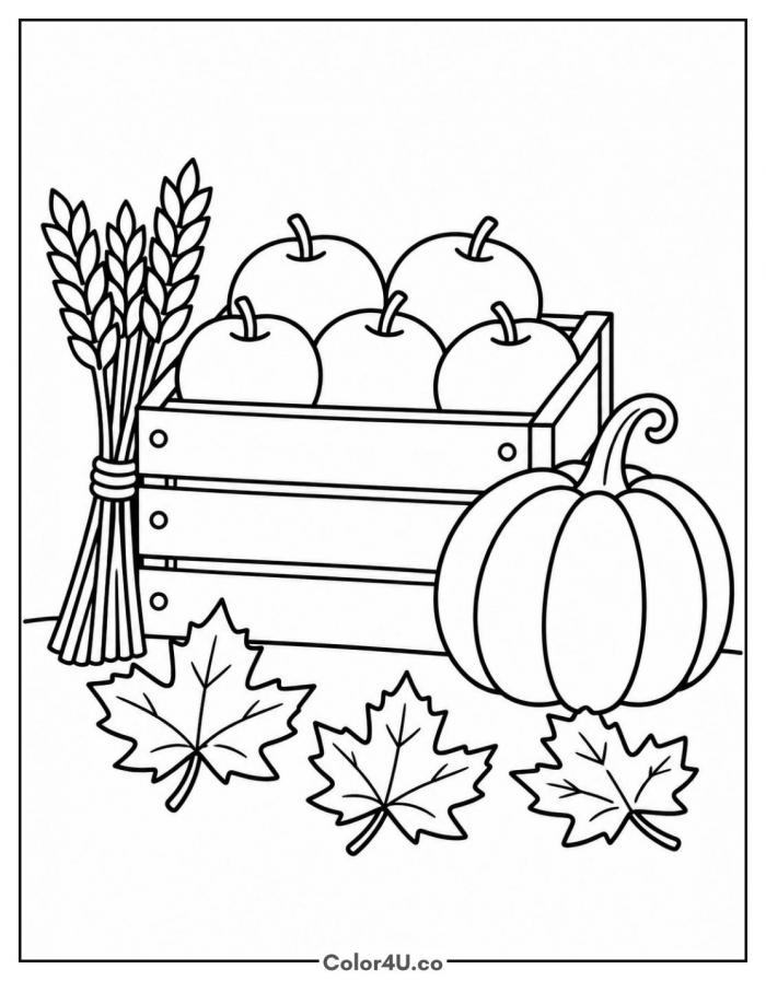 Crate of apples with pumpkin, wheat, and maple leaves, medium apple coloring page, free printable