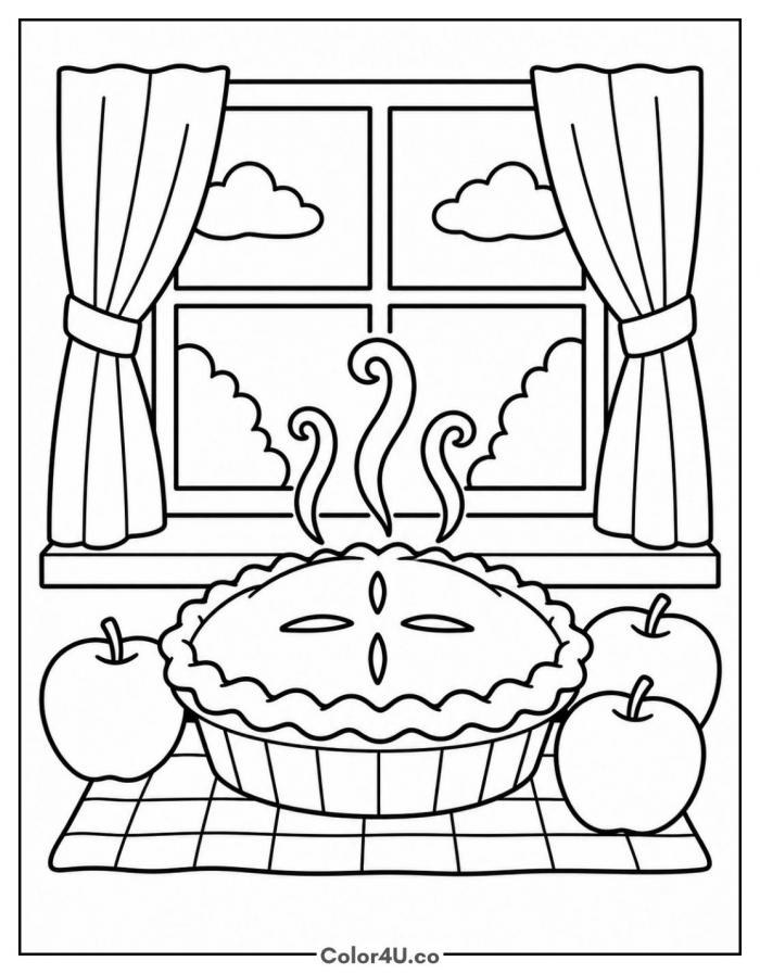 Apple pie cooling on the windowsill with apples, medium apple coloring page, free printable