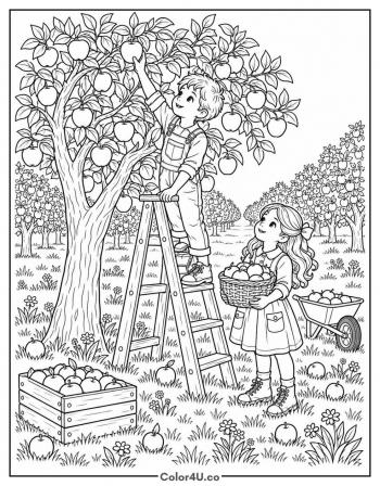 Apple Picking Day in the Orchard coloring page
