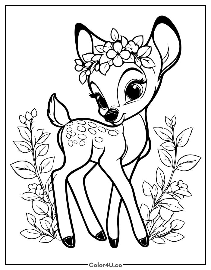Baby deer fawn with flower crown and spots, medium Reindeer coloring page, free printable