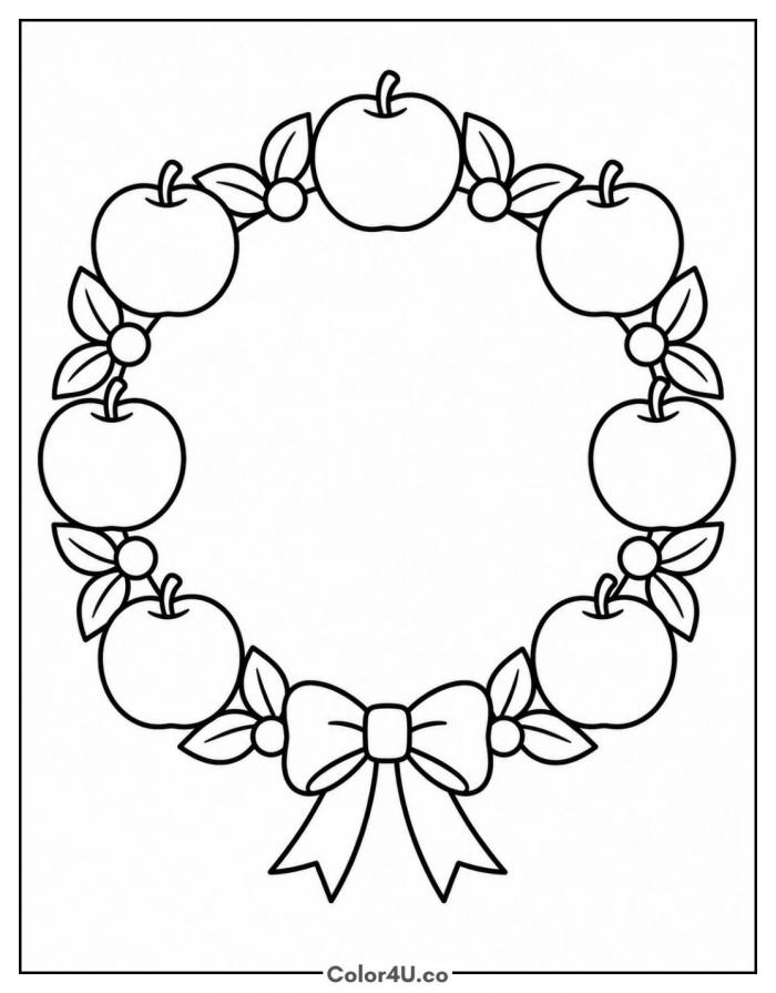 Wreath of apples, leaves, and berries with a bow, medium apple coloring page, free printable
