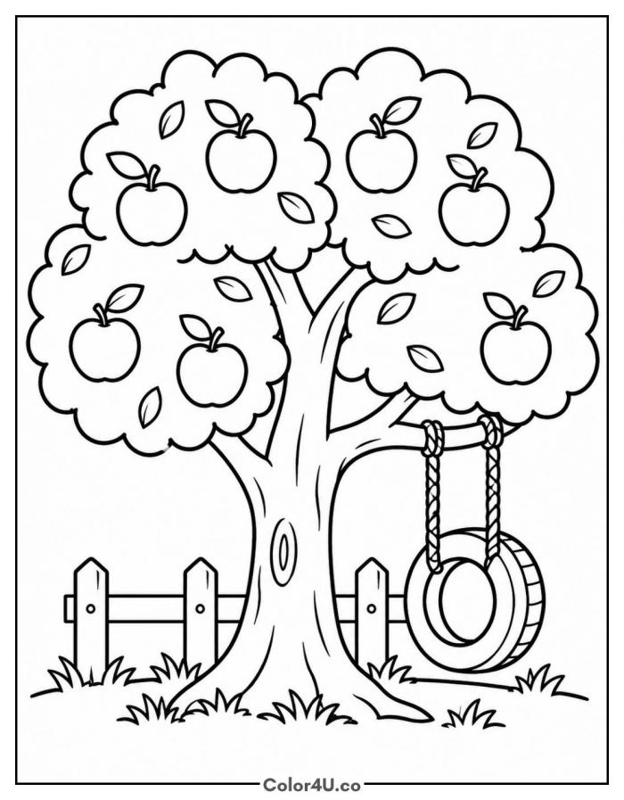 Apple tree with a tire swing and wooden fence, medium apple coloring page, free printable