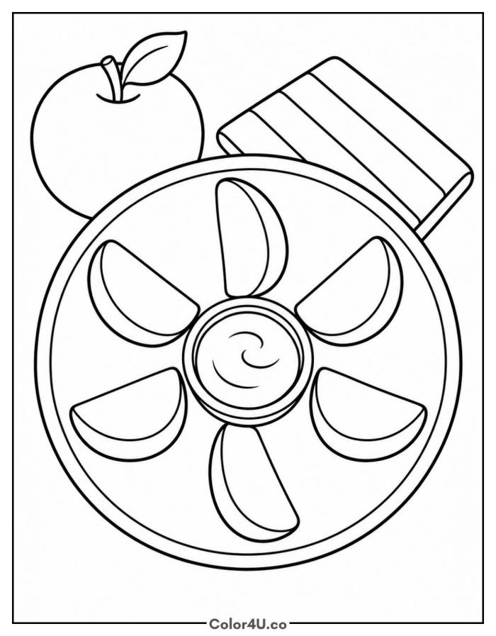 Plate of apple slices around a bowl of dip, easy apple coloring page, free printable