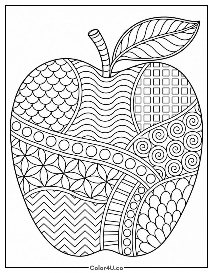 Apple zentangle filled with patterned sections, detailed apple coloring page, free printable