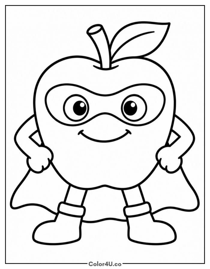 Apple superhero with mask, cape, and boots, easy apple coloring page, free printable