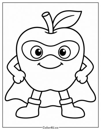 Apple Superhero with a Cape coloring page