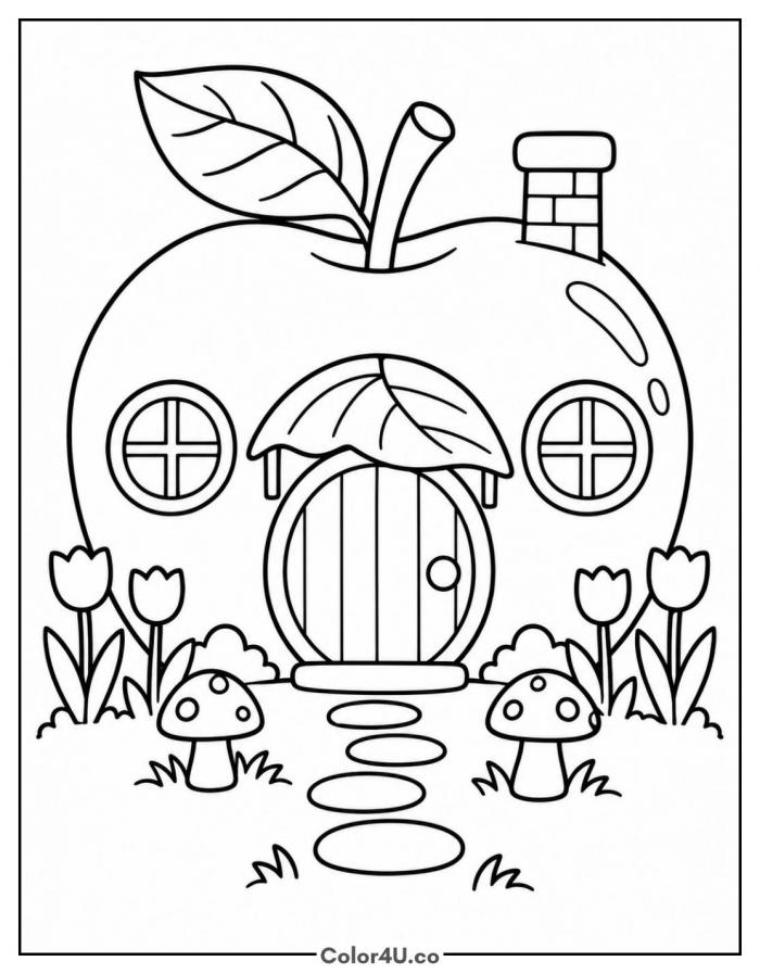 Apple fairy house with round door, chimney, tulips, and mushrooms, medium apple coloring page, free printable