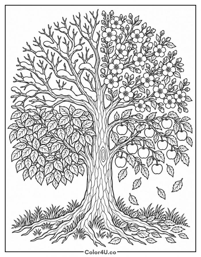 Apple tree through the four seasons, detailed apple coloring page, free printable