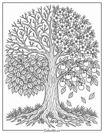 Apple Tree Through the Four Seasons coloring page