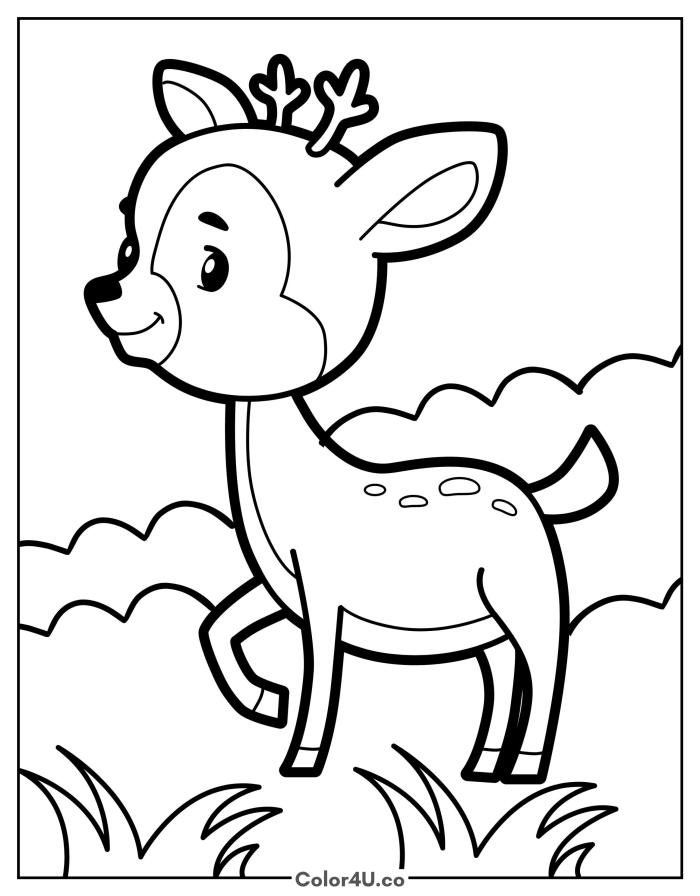 Young deer walking through grass, easy Reindeer coloring page, free printable