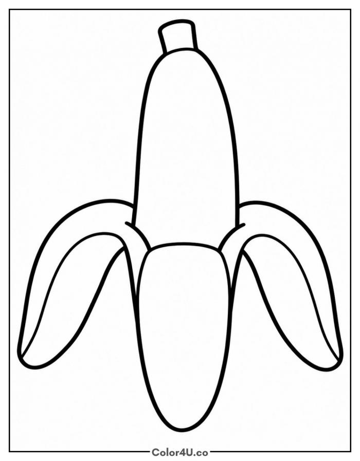 Half-peeled banana with three folded peels, easy banana coloring page, free printable