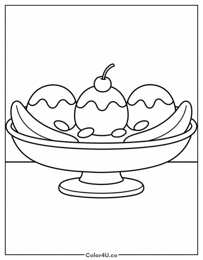Banana split sundae with three scoops and a cherry, easy banana coloring page, free printable
