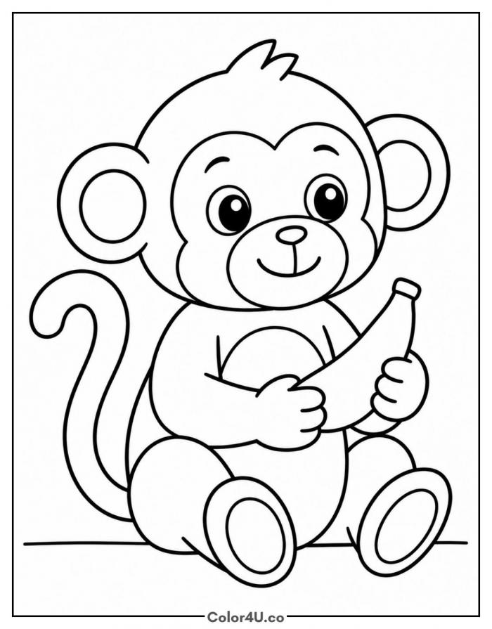 Baby monkey sitting and holding a banana, easy banana coloring page, free printable