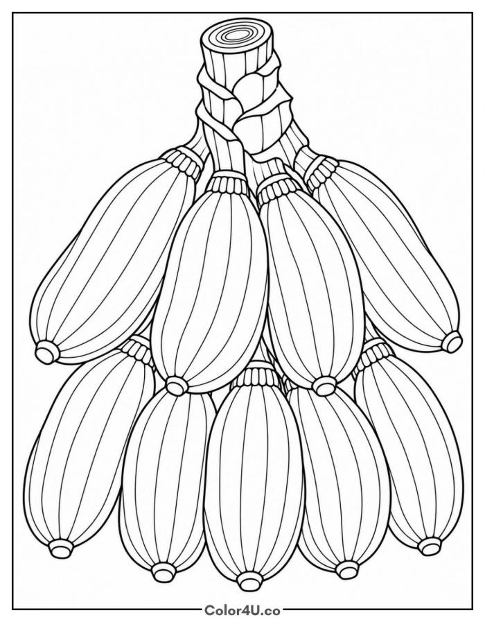 Realistic bunch of ten bananas on a cut stalk, medium banana coloring page, free printable
