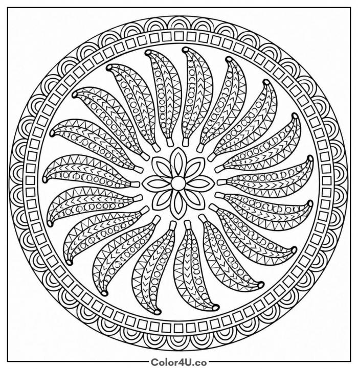 Banana mandala with swirling patterned bananas, detailed banana coloring page, free printable
