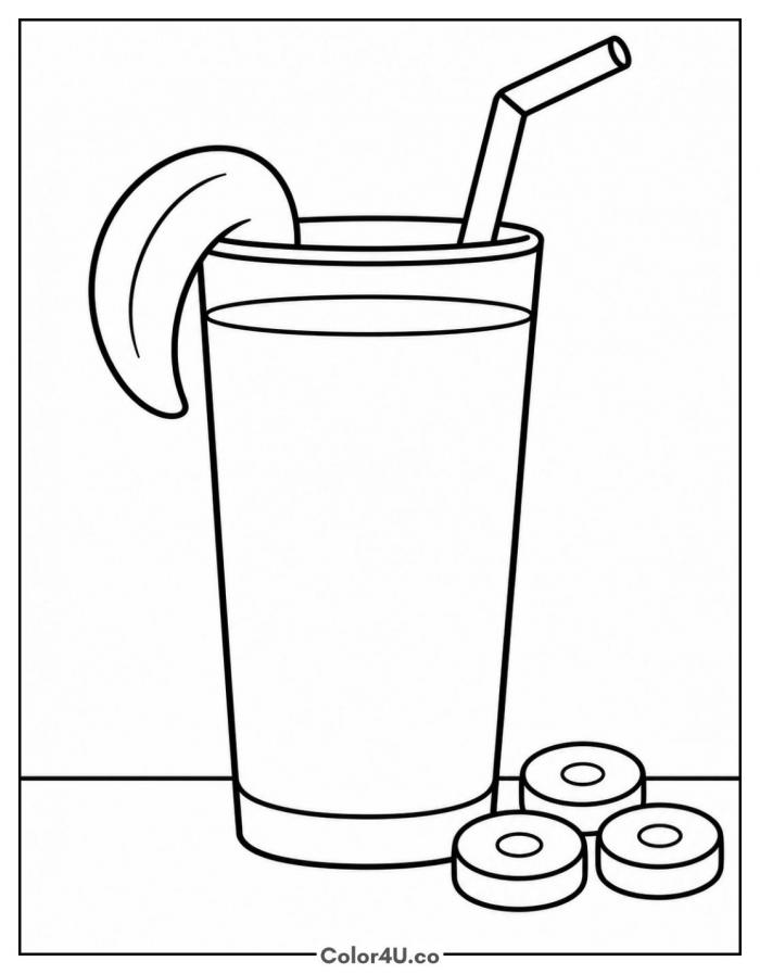 Banana smoothie in a tall glass with a straw, easy banana coloring page, free printable