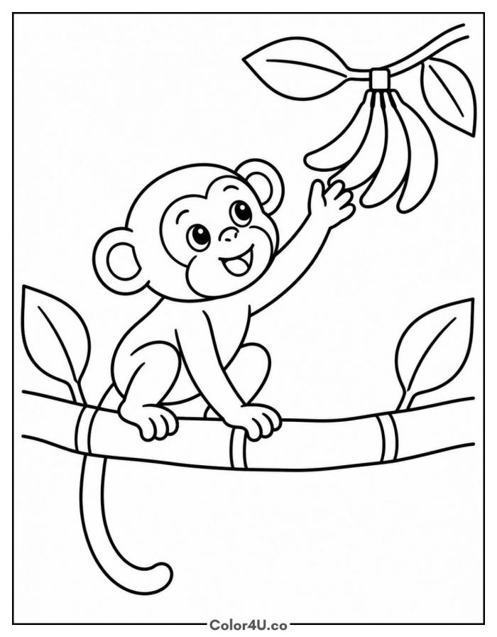 Monkey on a branch reaching for bananas, easy banana coloring page, free printable