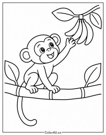 Monkey Sitting on a Banana Tree Branch coloring page