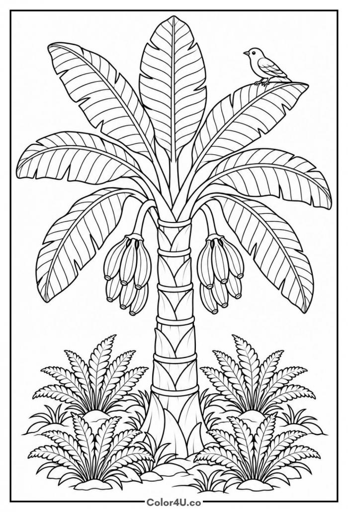 Tropical banana plant with bunches, ferns, and a bird, detailed banana coloring page, free printable
