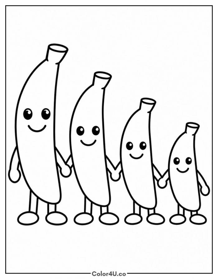 Four smiling bananas holding hands from tallest to smallest, easy banana coloring page, free printable