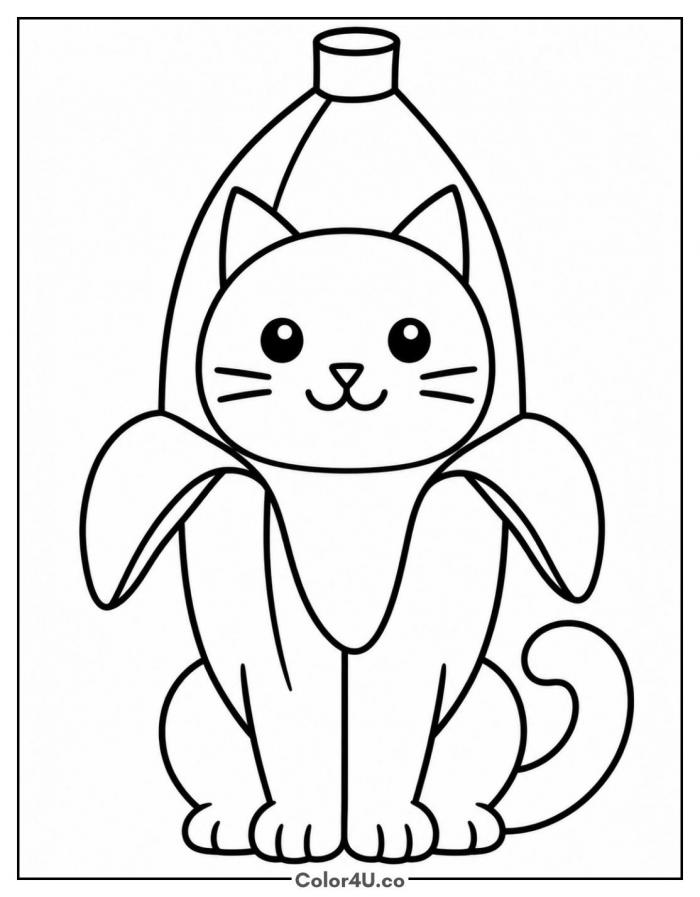 Cat wearing a banana costume, easy banana coloring page, free printable