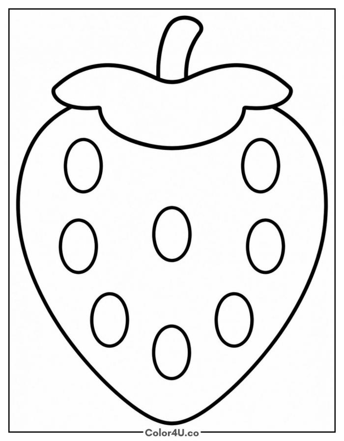 Big simple strawberry with oval seeds, easy strawberry coloring page, free printable